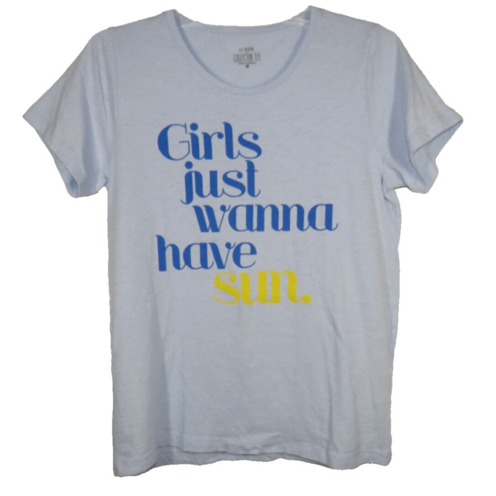 J Crew Womens Top Size M Blue Short Sleeve Crew Girls Just Wanna Have Sun